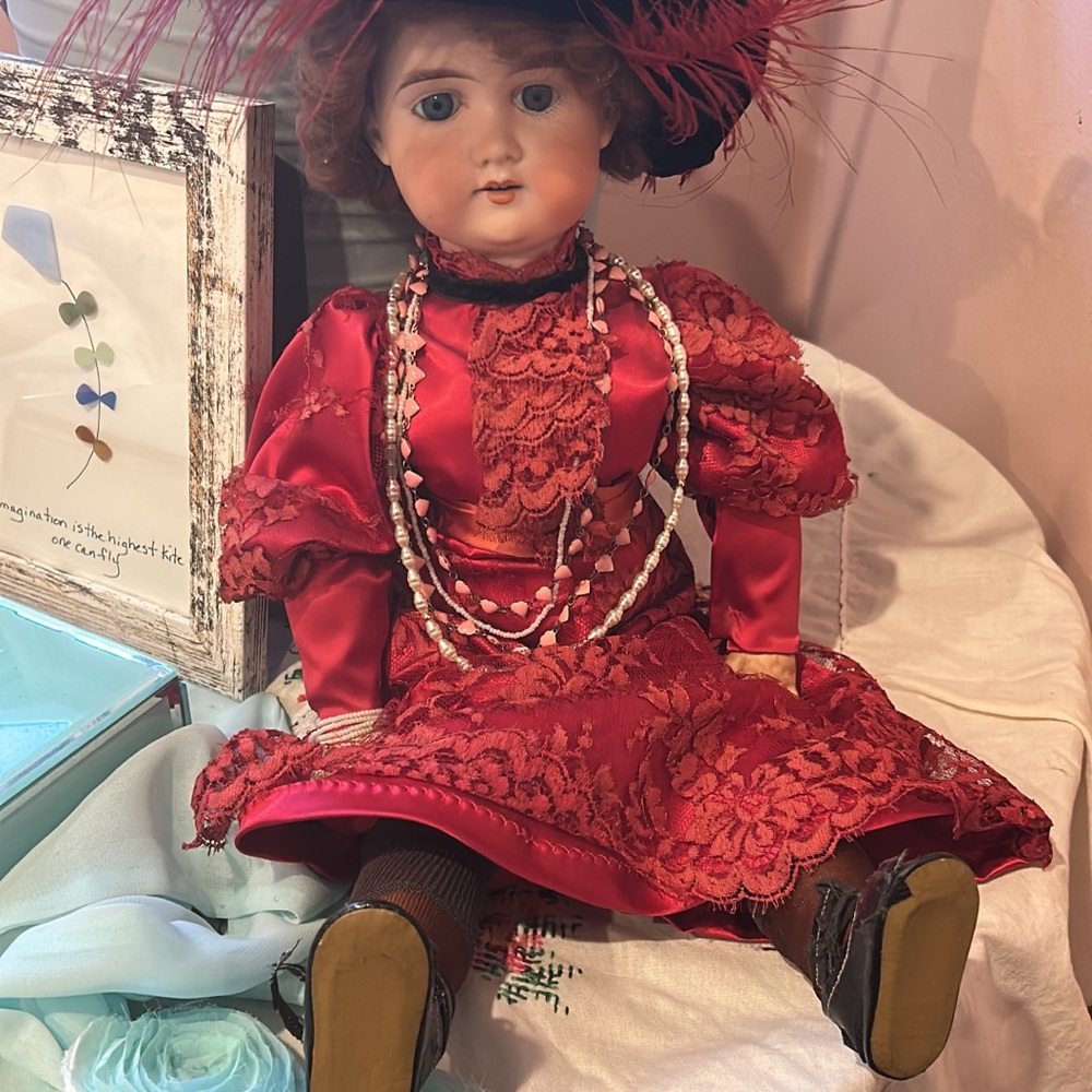 Charming Red Victorian Doll with Feathered Hat